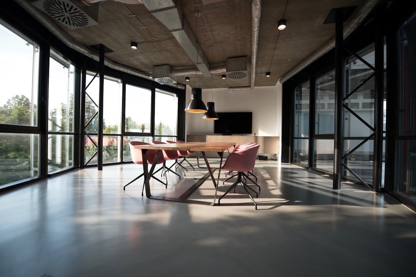Bright office interior with large windows